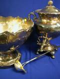 Large Silver Plated Punch Bowl a Silver Ladle with Ebony Handle and a Hot Water Urn
