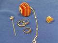 Gold and Agate Ring Stickpin with Pearl and Diamond and Four Rings