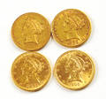 Four US 5 Liberty head gold coins
