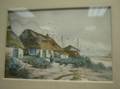 Framed Watercolor with Gouache Shore Scene with Thatched Roof Cottages