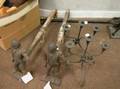Pair of Wrought Iron Candelabra Pair of Cast Iron Hessian Andirons and Two Hearth Tools