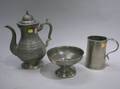 Charles Yale Pewter Coffeepot Woodbury  Coulton Baptismal Bowl and a Robert Bonnynge Tankard