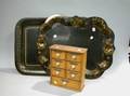 Two Tole Painted Trays and a Small Wooden Spice Cabinet