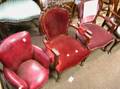 Pair of Childrens Victorianstyle Rococo Velvet Upholstered Carved Mahogany Parlor Armchairs and an Upholstered Barrel Armchair