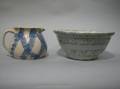 Blue and White Spongeware Pitcher and Large Mixing Bowl