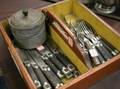 Wooden Knife Box with Ebony Handled Flatware and a Small Enameled Tin Container