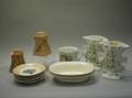 Two Creamware Serving Dishes Pair of Spill Vases Large Mustache Cup Set of Five Fruit Plates and a Pair of Molded Glass Shades