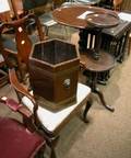 Mahogany Tea Table Diminutive Dumbwaiter Brass Bound Waste Pail and Childs Queen Style Mahogany Armchair