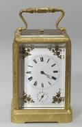 French Engraved Bronze Half Striking Repeating Alarm Carriage Clock