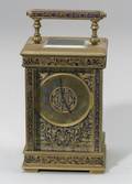 French Art Nouveau Bronze and Blue Champleve Enamel Carriage Timepiece