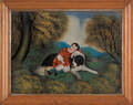 Pair of reverse painted landscapes of a girl and boy with their dog
