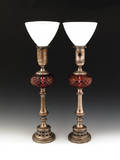 Pair of cranberry glass lamps