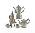 Collection of pewter to include Gleason teapot and Trask lighthouse coffee pot