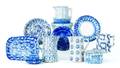 Large collection of blue spongeware to include pitchers