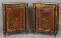 Pair of Louis XVI Style Ormolu Mounted Marquetry Inlaid Tulipwood and Kingwood Marble Top Side Cabinets