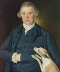 British School 18th19th Century Style Portrait of a Wigged Gentleman in Blue with His Dog