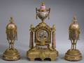 Three Piece French Bronze and Porcelain Mounted Clock Garniture