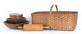 Miscellaneous wooden tableware together with a splint basket
