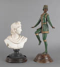 Composition bust of a man together with a painted bronze of a dancer