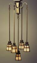 Arts and Crafts Brass Chandelier with Five Handel Overlay Shades