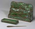Three Etched Metal and Slag Glass Desk Items