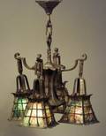 Arts  Crafts Brass Bronze and Leaded Glass Chandelier