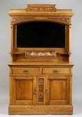 Art Nouveau Carved Oak Copper and Brass Sideboard