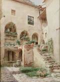 Lot of Two Watercolors Including Richard Moser Austrian b 1874 The Courtyard