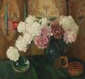 Austrian School 19th20th Century Still Life with Peonies Before a Decorative Panel