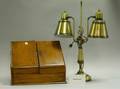 Victorian Walnut Desk Box and Two Brass Desk Lamps