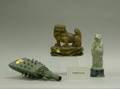 Asian Carved Wood Boat Model Bronze Bell Lion and Four Pottery Tomb Figures