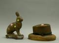 Wooden Fedora Hat Mold and a Molded Copper Rabbit on Wheels
