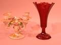 Ruby Red Fluted Glass Vase and a Dresden Porcelain Candelabra