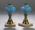 Pair of Turquoise Pressed Glass Brass and Marble Fluid Lamps