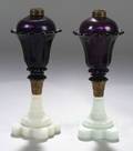 Near Pair of Amethyst and White Pressed Glass Fluid Lamps