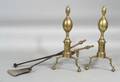 Pair of Brass and Iron Andirons with Two Matching Tools and a Jamb Hook