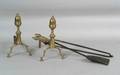Pair of Brass and Iron Belted Acorntop Andirons and Two Matching Tools