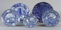 Five Blue and White Transfer Decorated Staffordshire Plates