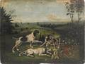 Oil on board depicting hunting dogs