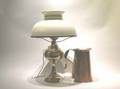 Three Copper Vessels and Two Brass Kerosene Lamps with Glass Shades
