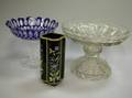 Cobalt Cut to Clear and Colorless Glass Compotes and an Enamel Decorated Black Glass Vase