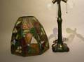 Handel Patinated Metal Table Lamp Base with a Leaded Glass Shade