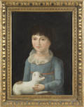 Oil on canvas folk portrait of a girl and dog ca 1830