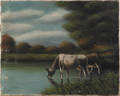 Oil on canvas landscape with cow