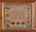 Bright wool on linen sampler with vignettes of a family scene