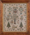 Silk on linen sampler with a pilgrim couple