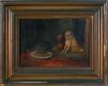 Oil on canvas depicting two dogs and a cat