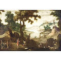 Flemish School 17th Century Style Animated Landscape With Cavaliers Friars and Huntsmen
