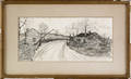 Pen and ink drawing on silk of a country road