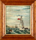Oil on board nautical scene with a British sail ship